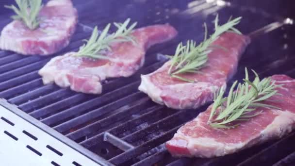 Step by step. Grilling New York strip steak on outdoor gas grill - Filmagem, Vídeo