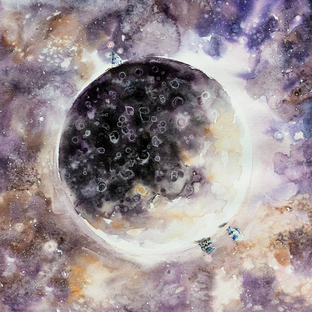 Abstract painting of moon phase. Picture created with watercolors. - Фото, зображення