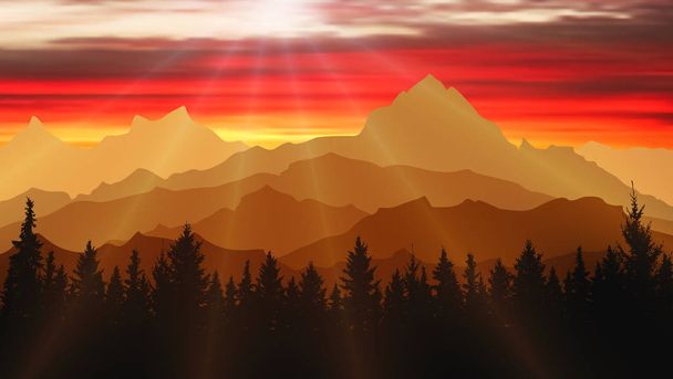 Пейзаж природы, гор и леса на закате. Путешествия, иллюстрация
 - Вектор,изображение