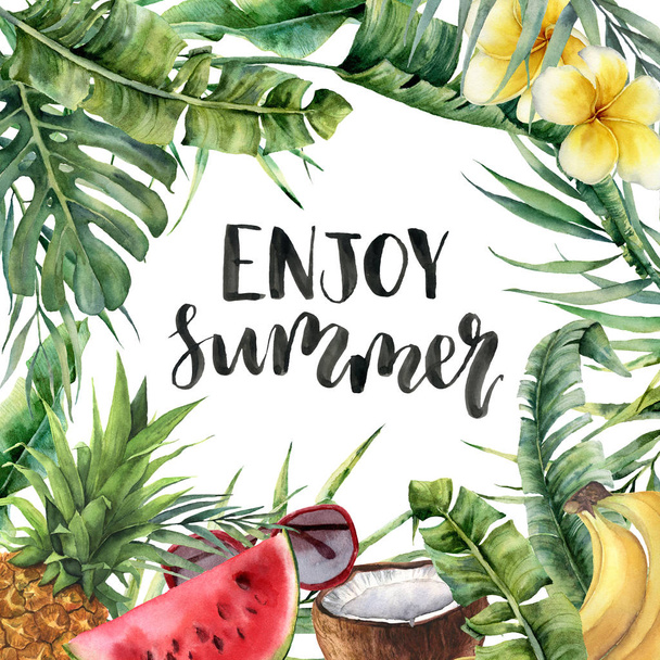 Watercolor Enjoy summer card with watermelon. Hand painted floral illustration with banana and coconut palm branches, plumeria, sunglasses, coconut isolated on white background for designer print. - Fotografie, Obrázek