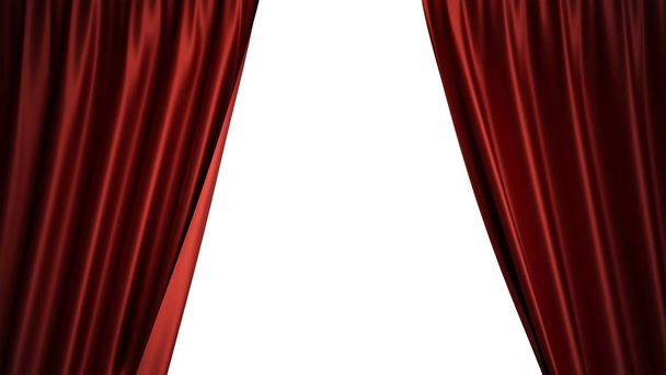 3D απεικόνιση πολυτελή κόκκινο βελούδο κουρτίνες διακόσμησης, ιδέες. Κόκκινη αυλαία για σκηνικό σκηνή θέατρο ή την Όπερα. Μακέτα για το έργο του σχεδιασμού σας - Φωτογραφία, εικόνα