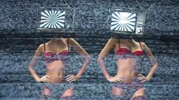 mujeres increíbles en lencería roja bailando y posando con televisores como cabeza. el tvs es tiene un vídeo hipnótico bucle en él
 - Imágenes, Vídeo