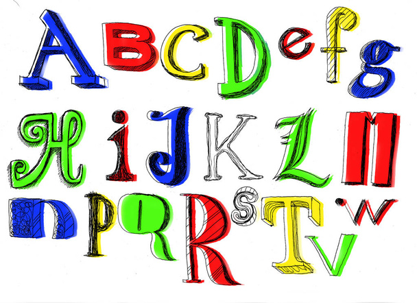 Алфавит написан от руки, с буквами разных шрифтов
 - Фото, изображение
