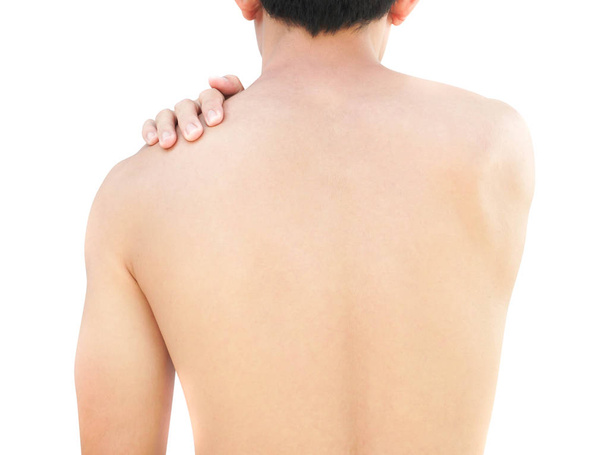 Closeup man hand holding neck or shoulder with pain on white background - Photo, Image