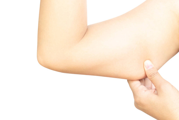 Closeup woman hand checking upper arm on white background health care and medical concept - Foto, Imagem