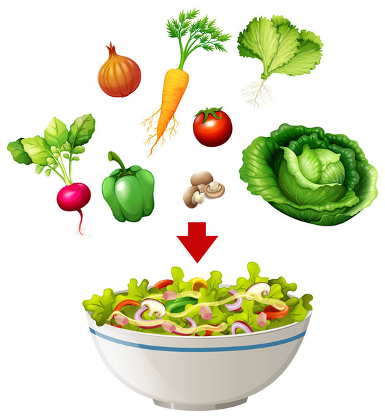 Різноманітність салату в ілюстрації миски
 - Вектор, зображення