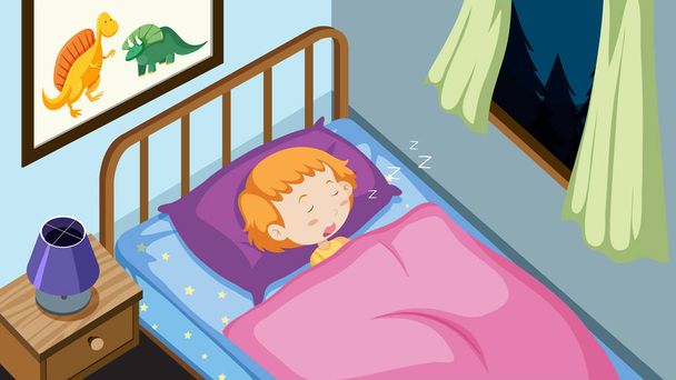 Un niño durmiendo en el dormitorio ilustración
 - Vector, imagen