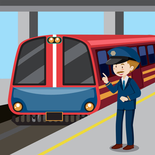 Train conductor and train illustration - Vector, Image
