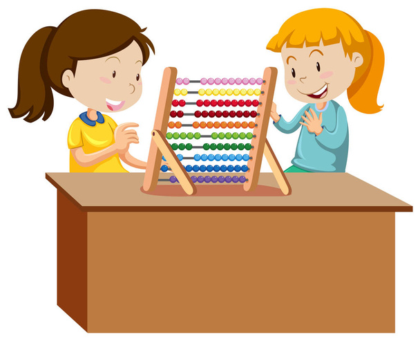 Two young girls playing with an abacus illustration - Vector, Image