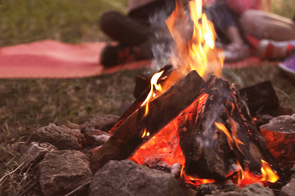 Small bonfire burning bright outdoors. Summer camp - 写真・画像
