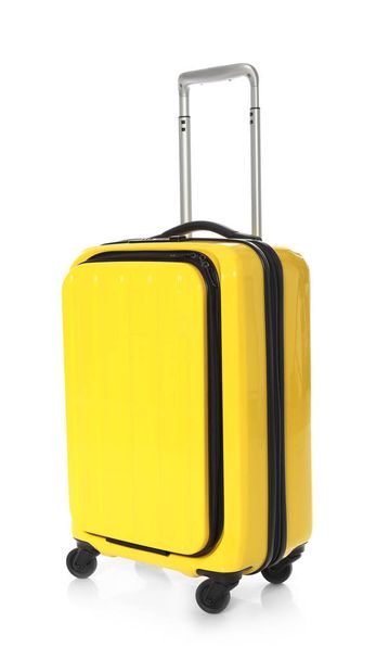 Bright yellow suitcase on white background - Foto, afbeelding