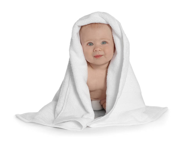 Cute little baby with soft towel on white background - Fotó, kép