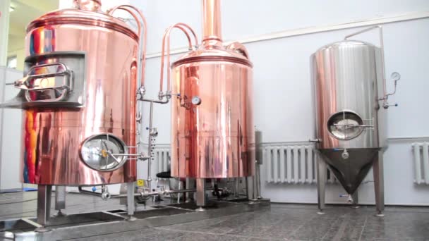 Tuns de cobre para fabricação de cerveja em uma cervejaria
 - Filmagem, Vídeo