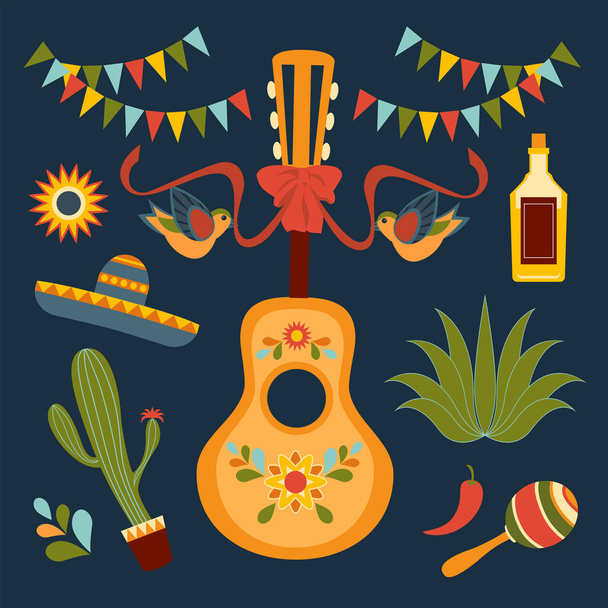 Festa mexicana. Conjunto de ilustrações vetoriais. Instrumentos musicais tradicionais, elementos mexicanos para decoração
 - Vetor, Imagem