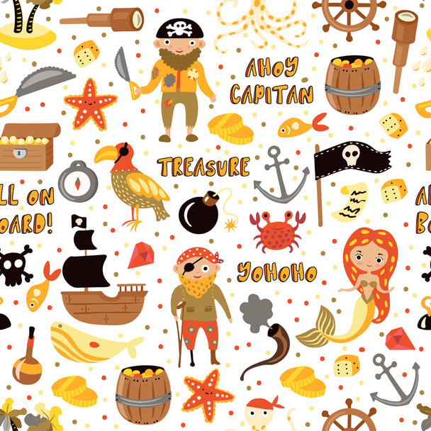 Пираты векторного мультфильма на безморском рисунке. Пиратская партия для Мбаппе. Дети, казначейство, пираты, охопус, кит, корабль - Детский вектор рисует мультфильм бесконечно
 - Вектор,изображение