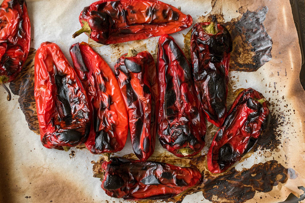 Baked Red Peppers in the Oven Tray. Organic Food. - Фото, изображение
