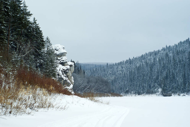 Ένα γραφικό ροκ στην όχθη της λίμνης παγωμένο χειμώνα κατά τα δασωμένα βουνά - Φωτογραφία, εικόνα
