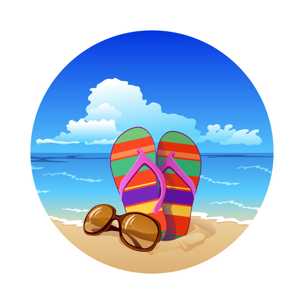 summer beach colorful flip- flops with sunglasses - Vector, Image