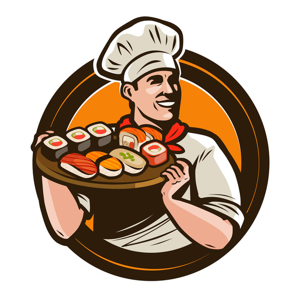 Suši potravin logo nebo popisek. Japonská kuchyně, restaurace emblém. Vektorové ilustrace izolované na bílém pozadí - Vektor, obrázek