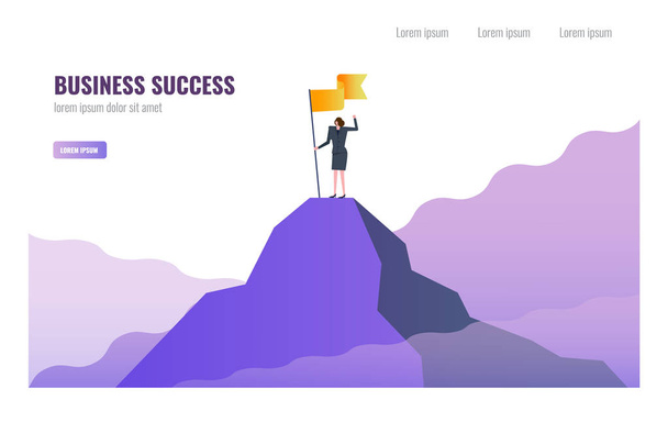 Business woman holding flag on the top of peak. Business Successful and  Leadership  concept. vector illustration - Вектор, зображення
