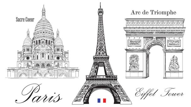 Vektor Eiffel-torony, a Diadalív és a Sacre Coeur-székesegyház. Vektor kézi rajz kép elszigetelt fehér háttér mintázata - Vektor, kép