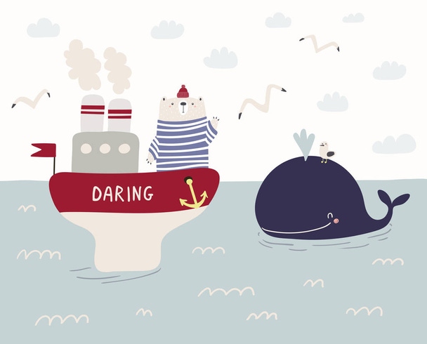 handgezeichnete Vektor-Illustration eines netten lustigen Seemannsbären, der auf einem Schiff mit im Meer schwimmenden Walen segelt, flaches Design im skandinavischen Stil  - Vektor, Bild