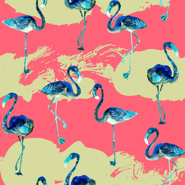 Flamingo pattern. Summer watercolor background. - Fotoğraf, Görsel