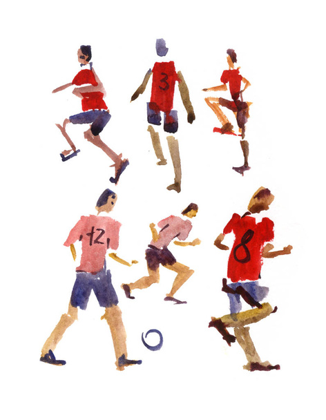 サッカー選手は、スプラッター デザインを描くとボールを蹴る。サッカー選手。白い背景上に分離。水彩イラスト。サッカー選手を撮影 - 写真・画像