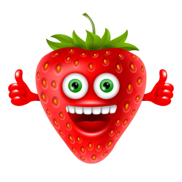 lustig lächelnde Karikatur Erdbeere mit Blättern. Konzeptentwurf. realistische Vektorillustration. isoliert auf weißem Hintergrund. - Vektor, Bild