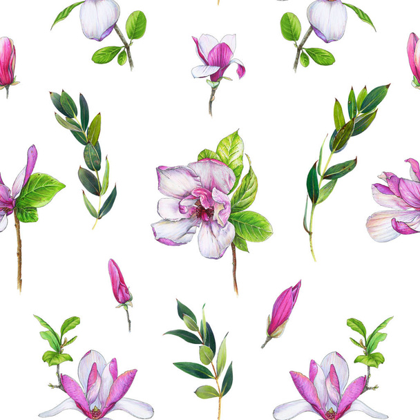 Floral seamless pattern with pink magnolias and twigs. Art by markers. Imitation of watercolor drawing. - Zdjęcie, obraz
