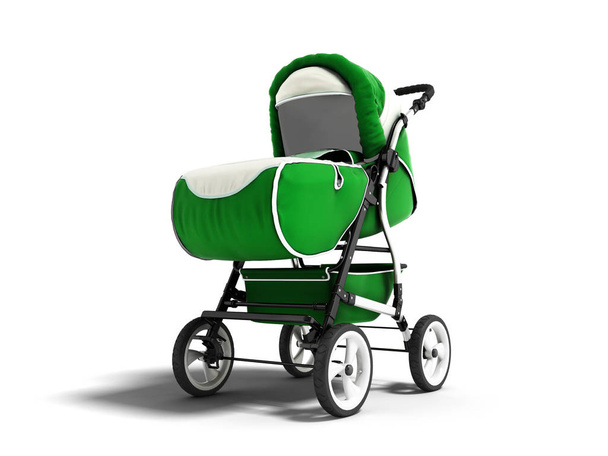 Carruaje de bebé verde moderno para cualquier clima con inserciones blancas 3d render sobre fondo blanco con sombra
 - Foto, Imagen