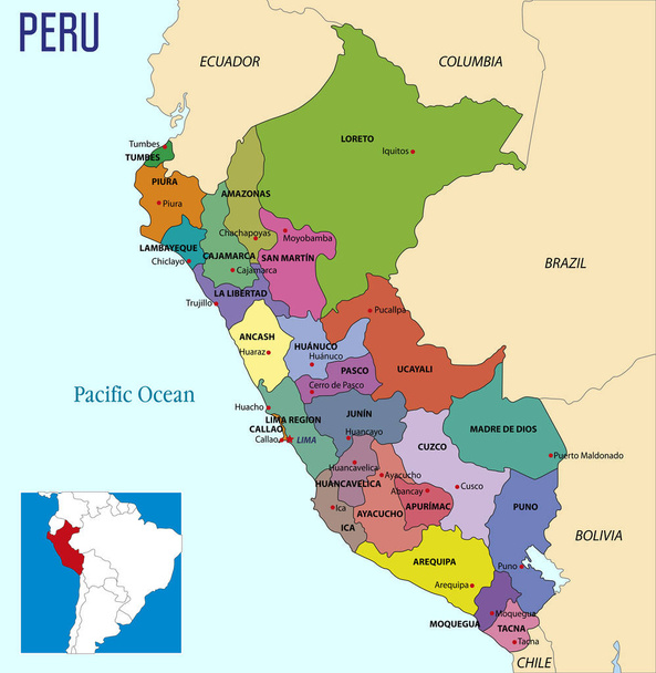 Vector highly detailed political map of Peru with regions and their capitals. All elements are separated in editable layers clearly labeled.EPS 10 - Vector, Image
