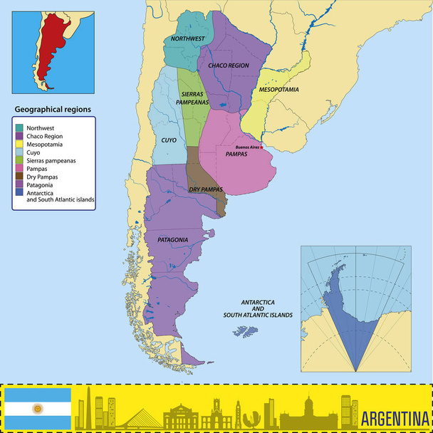 Vector χάρτη της Αργεντινής με όλες τις γεωγραφικές περιοχές  - Διάνυσμα, εικόνα