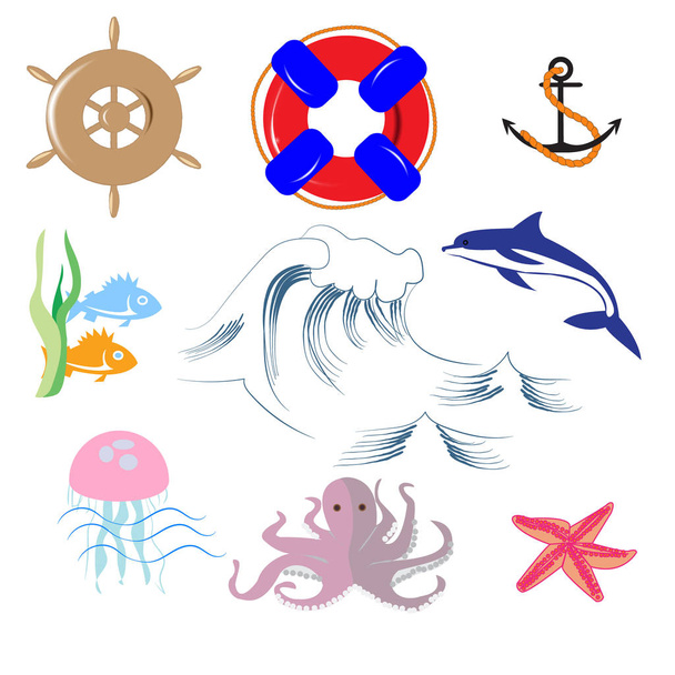 Doodle kümesi deniz nesneleri, dalga, ahtapot, direksiyon simidi, can simidi, balık ve yunus, denizyıldızı, çocuk posterler, reklamlar, için vektör çizim haritalar - Vektör, Görsel