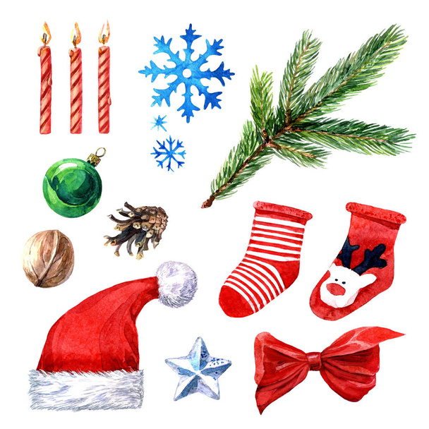 Vánoční sada slavnostní dekorační prvky, jedle větví a sněhové vločky, ponožky, čepice Santa. Akvarel kresba vánoční. - Fotografie, Obrázek