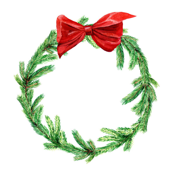 Moldura de Natal redonda, grinalda de ramos de abeto. Ilustração de Natal aquarela, cartão de saudação
. - Foto, Imagem