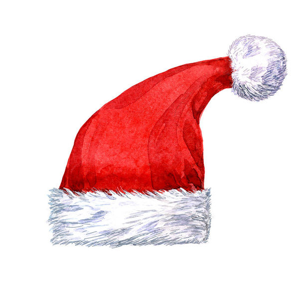 Santa čepice izolovaných na bílém pozadí, akvarel ilustrace Vánoce. - Fotografie, Obrázek