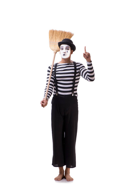 Mime with broom isolated on white background - Photo, Image
