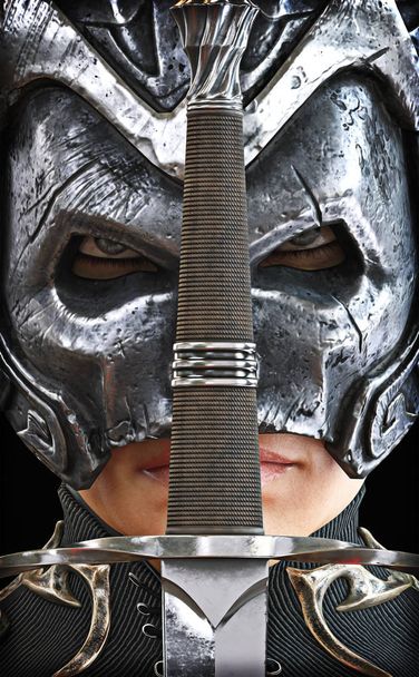 Closeup of a female armored warrior knight with sword. 3d rendering - Foto, Imagem