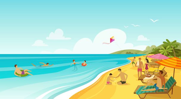 insanlar deniz plaj üzerinde bekletin. tatil, seyahat afiş. karikatür vektör - Vektör, Görsel