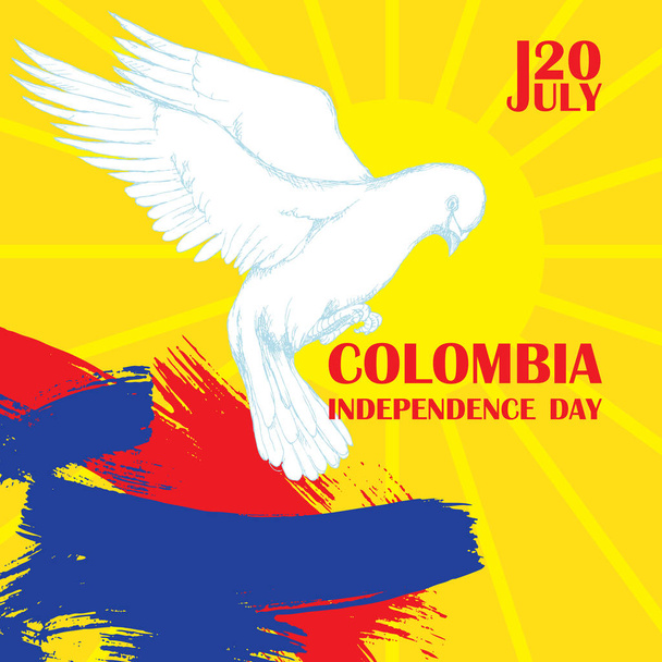 Colombias ημέρα της ανεξαρτησίας. 20 Ιουλίου. Εθνική πατριωτική γιορτή της απελευθέρωσης στη Λατινική Αμερική. Άσπρο Περιστέρι κατά την πτήση, σύμβολο ελευθερίας. Χέρι σχεδίασης επώασης. Φόντο με Κολομβιανή tricolor - Διάνυσμα, εικόνα