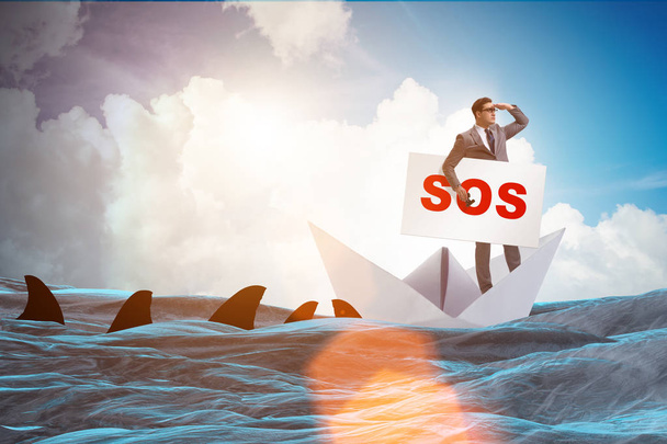 Biznesmen proszący o pomoc z SOS wiadomość na łodzi - Zdjęcie, obraz
