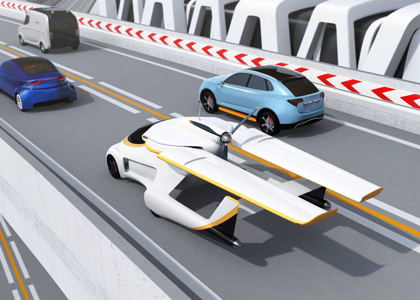 Coche volador futurista conduciendo por la carretera. Imagen de renderizado 3D
. - Foto, Imagen