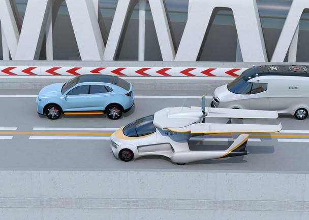 Side view of futuristic flying car driving on the highway. 3D rendering image. - Photo, Image