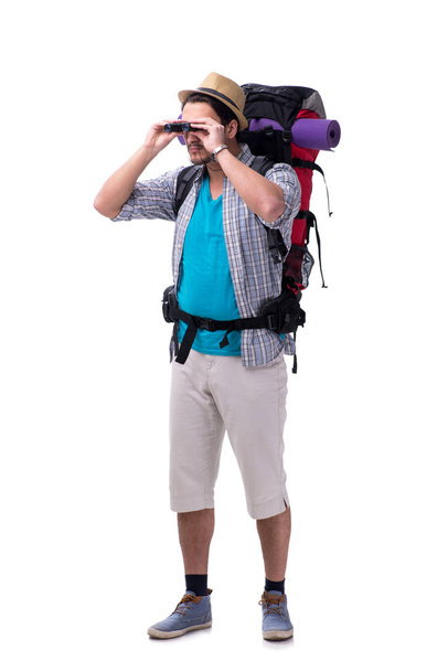 Backpacker with large backpack isolated on white - Photo, Image