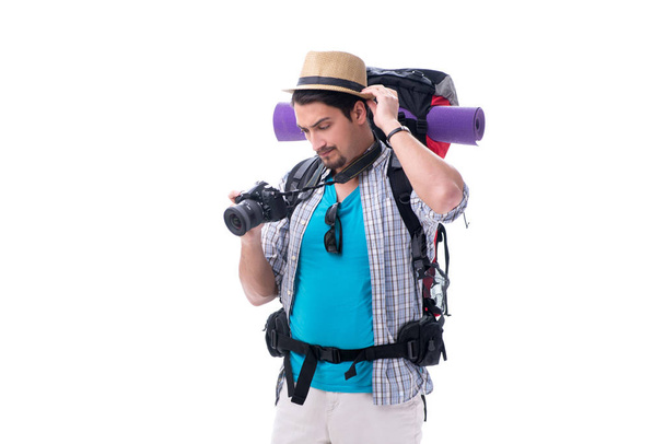 Sac à dos avec caméra isolée sur fond blanc
 - Photo, image