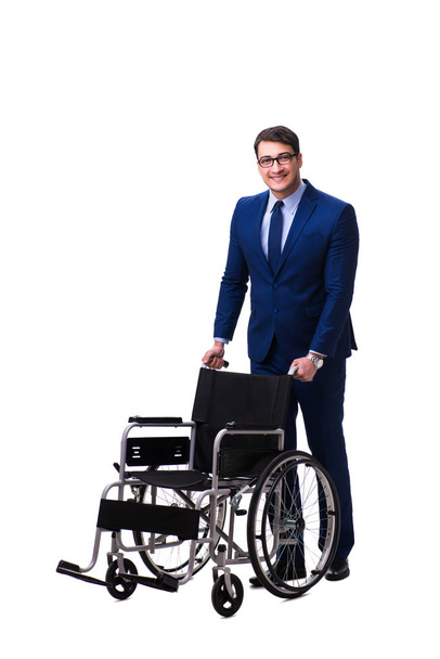 Beyaz arka plan üzerinde izole tekerlekli sandalye ile işadamı - Fotoğraf, Görsel