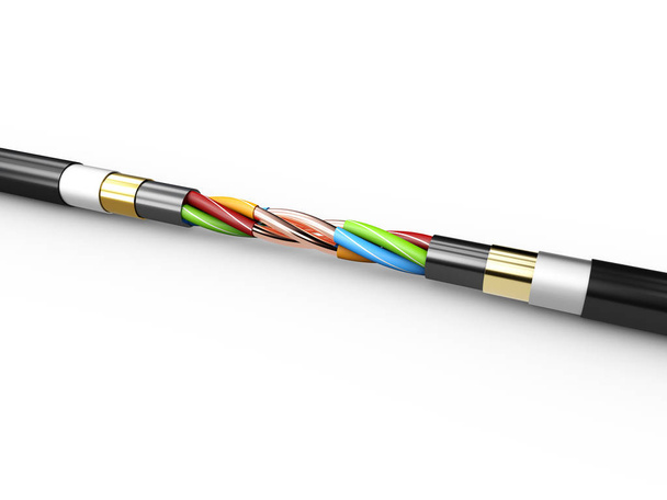 3d Illustration of Electric cable. Copper electrical cable in multi-colored insulation on a white background. - Photo, Image
