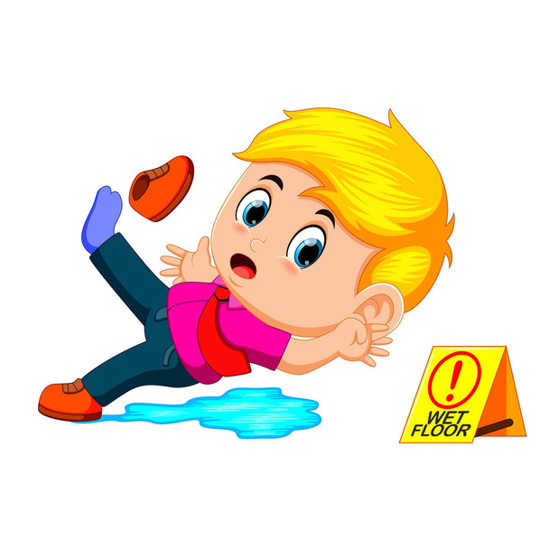 menino escorregando no chão molhado
 - Vetor, Imagem