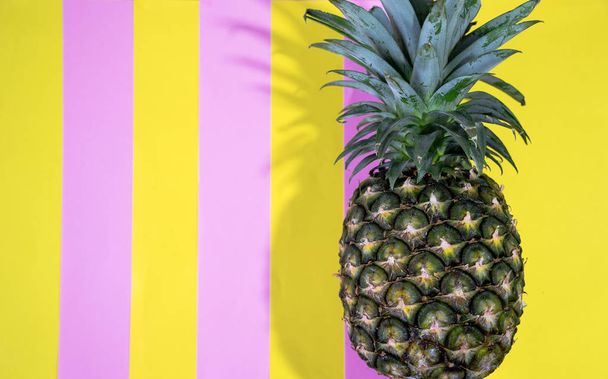közelről egy egész friss, érett ananász csíkos sárga és rózsaszín háttér, másol hely, képzelet minimális fogalom háttér - Fotó, kép
